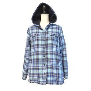 LL Bean Flannel Plaid Fleece‎ Lined Hooded Shirt Jacket Women Size M Blue
